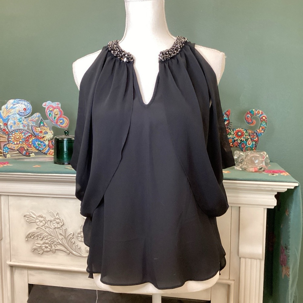 Jennifer Lopez Black Beaded Halter‎ Top With Sheer Sleeves
